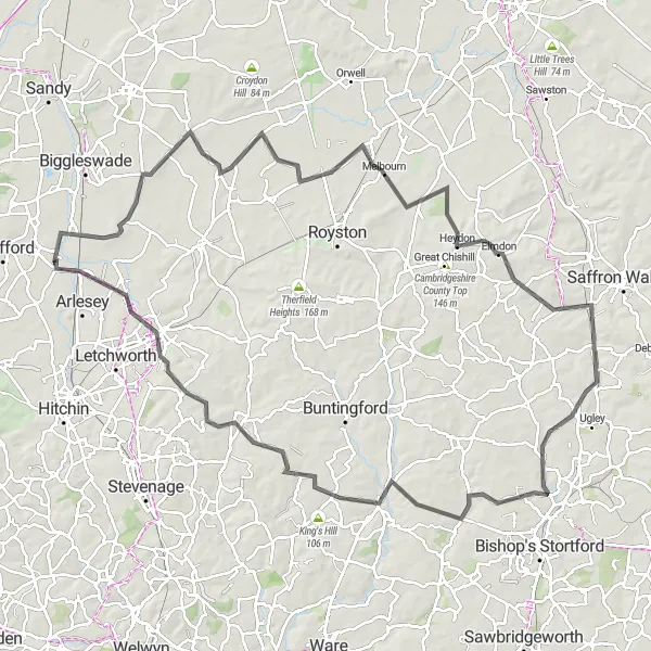 Map miniature of "Henlow to Eyeworth" cycling inspiration in Bedfordshire and Hertfordshire, United Kingdom. Generated by Tarmacs.app cycling route planner