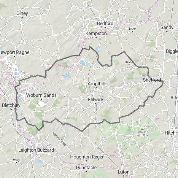 Map miniature of "Henlow to Haynes Loop" cycling inspiration in Bedfordshire and Hertfordshire, United Kingdom. Generated by Tarmacs.app cycling route planner