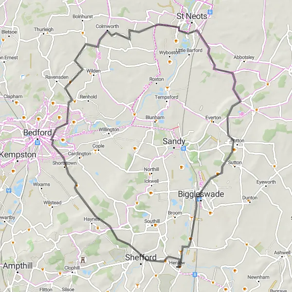 Map miniature of "Henlow Explorer" cycling inspiration in Bedfordshire and Hertfordshire, United Kingdom. Generated by Tarmacs.app cycling route planner