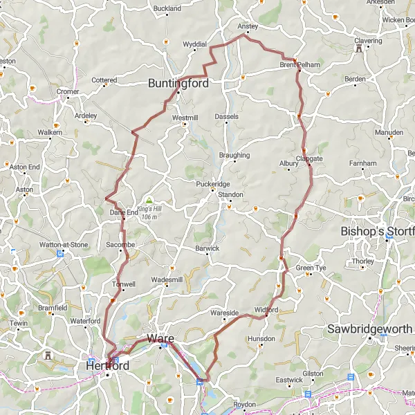 Map miniature of "Sacombe and Hertford Gravel Cycling Route" cycling inspiration in Bedfordshire and Hertfordshire, United Kingdom. Generated by Tarmacs.app cycling route planner
