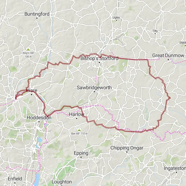 Map miniature of "The Ultimate Hertfordshire Gravel Challenge" cycling inspiration in Bedfordshire and Hertfordshire, United Kingdom. Generated by Tarmacs.app cycling route planner
