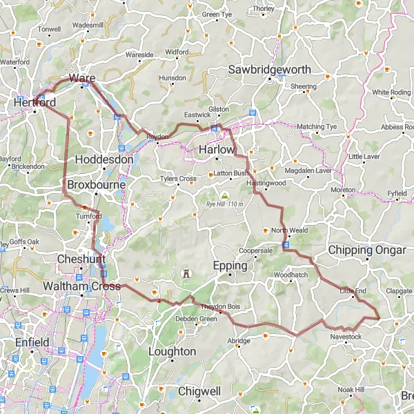 Map miniature of "Gravel Adventure" cycling inspiration in Bedfordshire and Hertfordshire, United Kingdom. Generated by Tarmacs.app cycling route planner