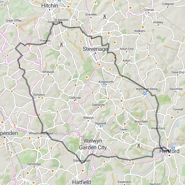 Map miniature of "Welwyn Garden City and Hertford Castle Gate House Road Cycling Route" cycling inspiration in Bedfordshire and Hertfordshire, United Kingdom. Generated by Tarmacs.app cycling route planner