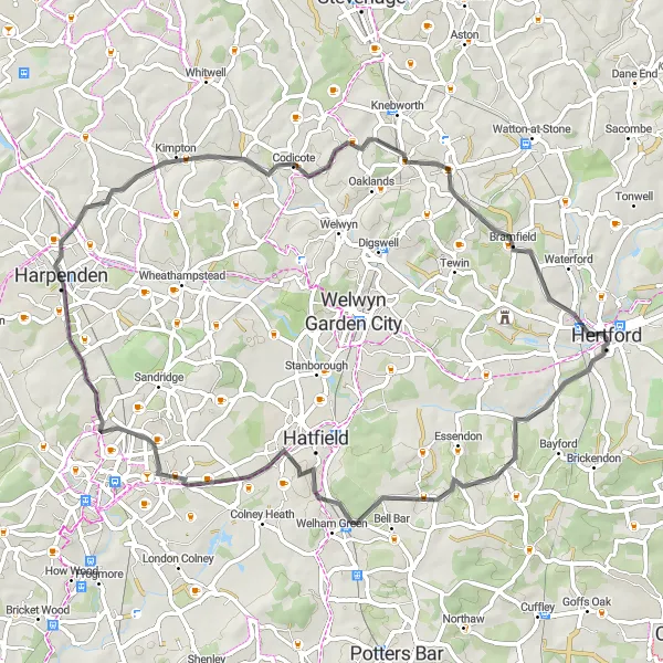 Map miniature of "The Bedfordshire Road Adventure" cycling inspiration in Bedfordshire and Hertfordshire, United Kingdom. Generated by Tarmacs.app cycling route planner