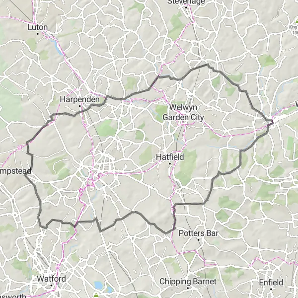 Map miniature of "The Bedfordshire Epic Road Challenge" cycling inspiration in Bedfordshire and Hertfordshire, United Kingdom. Generated by Tarmacs.app cycling route planner