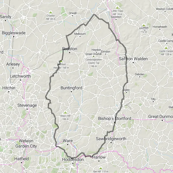 Map miniature of "Bedfordshire Exploration" cycling inspiration in Bedfordshire and Hertfordshire, United Kingdom. Generated by Tarmacs.app cycling route planner