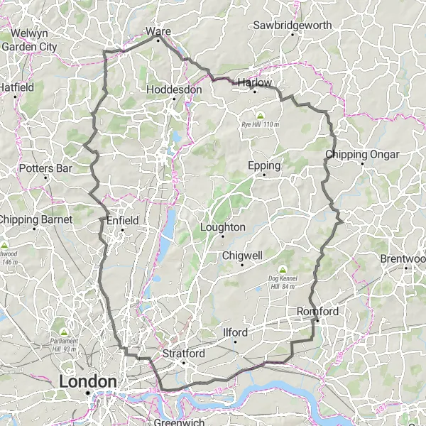 Map miniature of "Hertfordshire Round" cycling inspiration in Bedfordshire and Hertfordshire, United Kingdom. Generated by Tarmacs.app cycling route planner