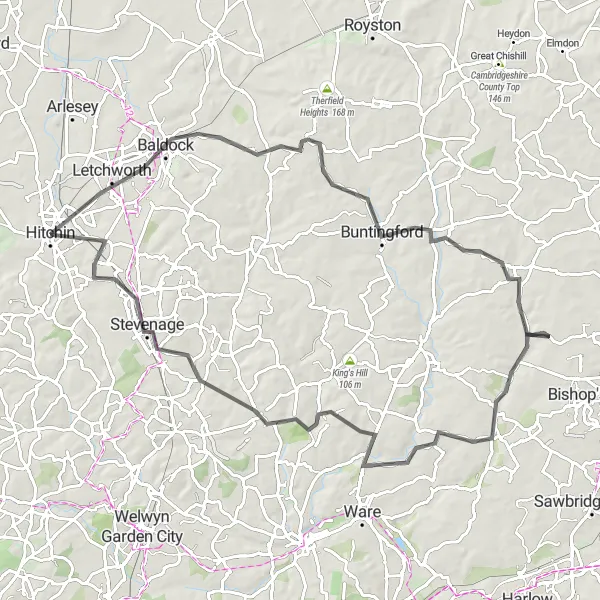 Map miniature of "Hitchin to Stevenage Road Route" cycling inspiration in Bedfordshire and Hertfordshire, United Kingdom. Generated by Tarmacs.app cycling route planner