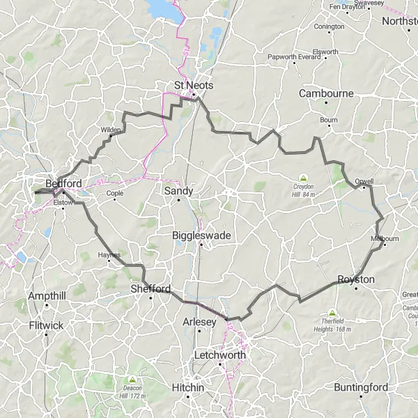 Map miniature of "Bedford to Royston Adventure" cycling inspiration in Bedfordshire and Hertfordshire, United Kingdom. Generated by Tarmacs.app cycling route planner