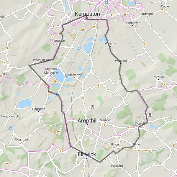 Map miniature of "Bedfordshire Road Escape" cycling inspiration in Bedfordshire and Hertfordshire, United Kingdom. Generated by Tarmacs.app cycling route planner