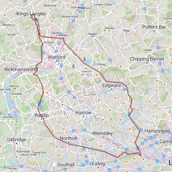 Map miniature of "Warner Bros. Studio Tour and Beyond" cycling inspiration in Bedfordshire and Hertfordshire, United Kingdom. Generated by Tarmacs.app cycling route planner