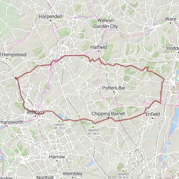 Map miniature of "Countryside Gravel Tour from Kings Langley" cycling inspiration in Bedfordshire and Hertfordshire, United Kingdom. Generated by Tarmacs.app cycling route planner