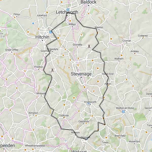 Map miniature of "The Weston Adventure" cycling inspiration in Bedfordshire and Hertfordshire, United Kingdom. Generated by Tarmacs.app cycling route planner