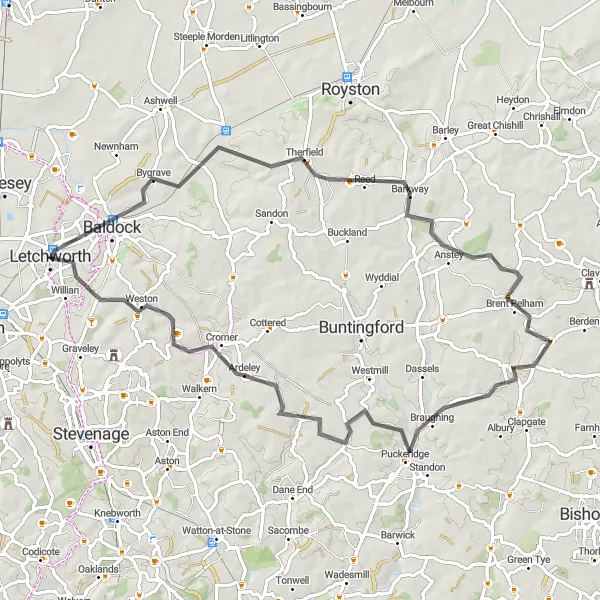 Map miniature of "The Heights of Therfield" cycling inspiration in Bedfordshire and Hertfordshire, United Kingdom. Generated by Tarmacs.app cycling route planner