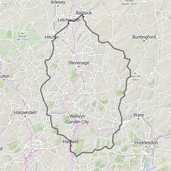 Map miniature of "Hertfordshire Hills Challenge" cycling inspiration in Bedfordshire and Hertfordshire, United Kingdom. Generated by Tarmacs.app cycling route planner