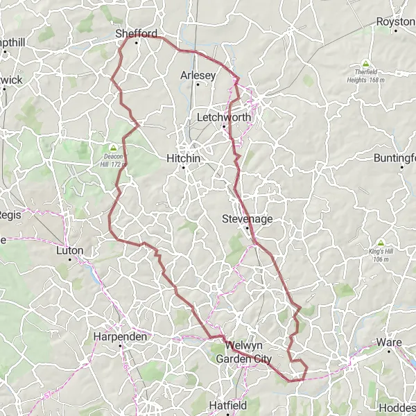 Map miniature of "Letchworth and the Rural Gravel Escape" cycling inspiration in Bedfordshire and Hertfordshire, United Kingdom. Generated by Tarmacs.app cycling route planner