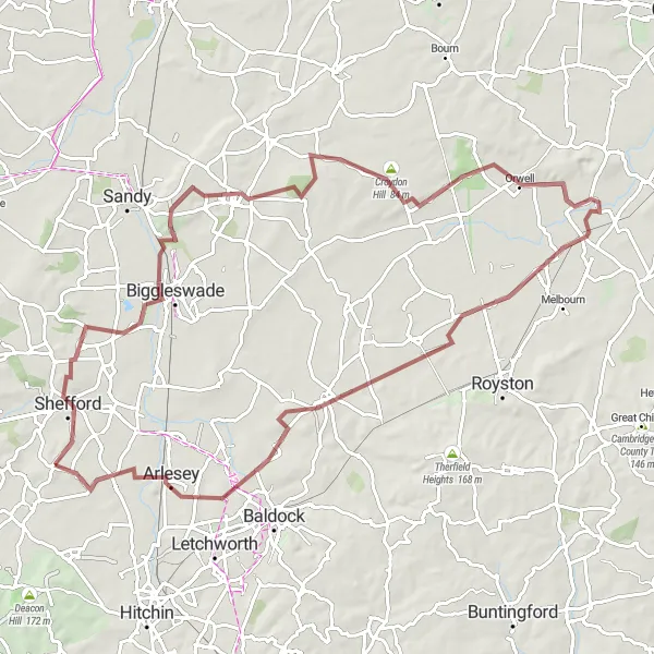 Map miniature of "Biggleswade to Fairfield Gravel Expedition" cycling inspiration in Bedfordshire and Hertfordshire, United Kingdom. Generated by Tarmacs.app cycling route planner