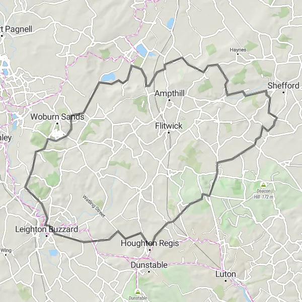 Map miniature of "Leighton Loop: Barton-le-Clay to Campton" cycling inspiration in Bedfordshire and Hertfordshire, United Kingdom. Generated by Tarmacs.app cycling route planner