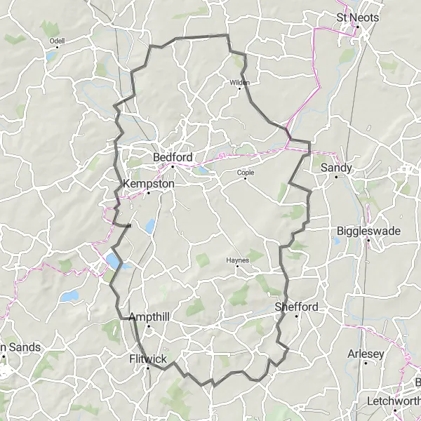 Map miniature of "Flitwick and the Great Barford Loop" cycling inspiration in Bedfordshire and Hertfordshire, United Kingdom. Generated by Tarmacs.app cycling route planner