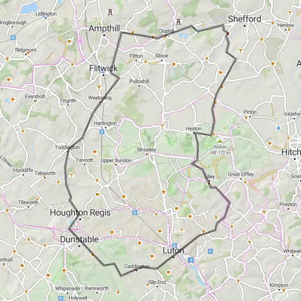 Map miniature of "Meppershall Circuit to Dunstable" cycling inspiration in Bedfordshire and Hertfordshire, United Kingdom. Generated by Tarmacs.app cycling route planner