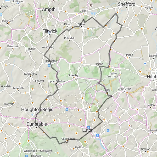Map miniature of "Scenic Loop: Meppershall to Luton" cycling inspiration in Bedfordshire and Hertfordshire, United Kingdom. Generated by Tarmacs.app cycling route planner