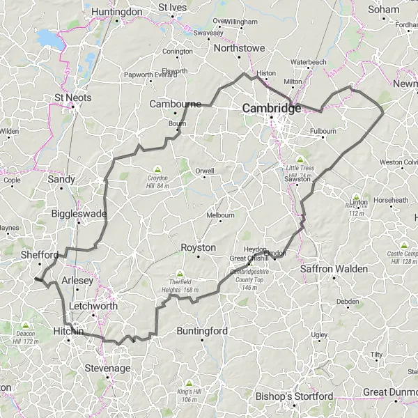 Map miniature of "Cambridge Challenge: Meppershall to Hitchin" cycling inspiration in Bedfordshire and Hertfordshire, United Kingdom. Generated by Tarmacs.app cycling route planner