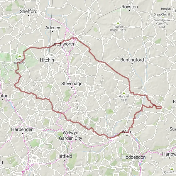 Map miniature of "The Gravel Trails of Hertfordshire" cycling inspiration in Bedfordshire and Hertfordshire, United Kingdom. Generated by Tarmacs.app cycling route planner