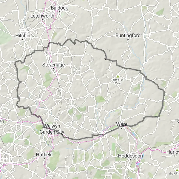 Map miniature of "Bedfordshire to Hertingfordbury Loop" cycling inspiration in Bedfordshire and Hertfordshire, United Kingdom. Generated by Tarmacs.app cycling route planner