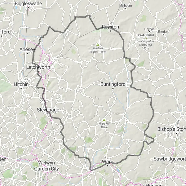 Map miniature of "Historic Hertfordshire and Bedfordshire" cycling inspiration in Bedfordshire and Hertfordshire, United Kingdom. Generated by Tarmacs.app cycling route planner