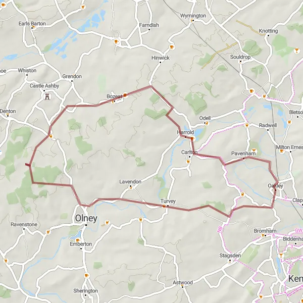 Map miniature of "Tour de Turvey" cycling inspiration in Bedfordshire and Hertfordshire, United Kingdom. Generated by Tarmacs.app cycling route planner