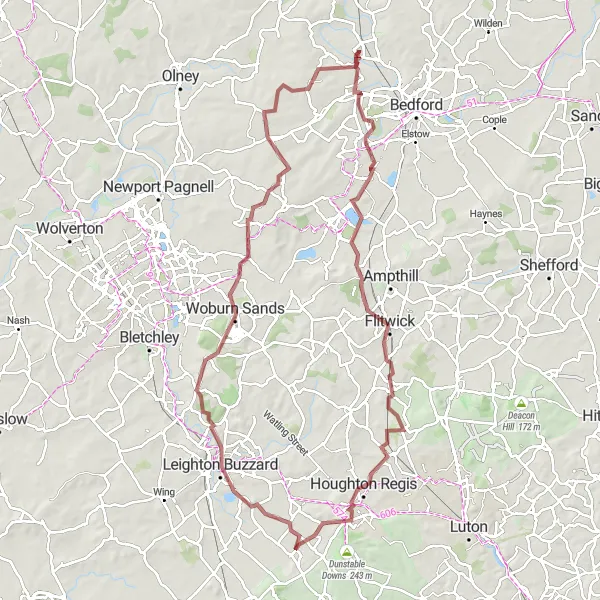 Map miniature of "Chiltern Hills Gravel Tour" cycling inspiration in Bedfordshire and Hertfordshire, United Kingdom. Generated by Tarmacs.app cycling route planner