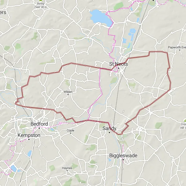 Map miniature of "Gravel ride from Oakley" cycling inspiration in Bedfordshire and Hertfordshire, United Kingdom. Generated by Tarmacs.app cycling route planner