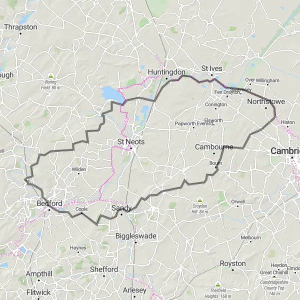 Map miniature of "Countryside road ride through Bedfordshire" cycling inspiration in Bedfordshire and Hertfordshire, United Kingdom. Generated by Tarmacs.app cycling route planner