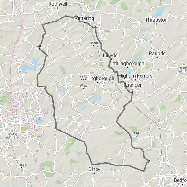 Map miniature of "Northamptonshire Road Adventure" cycling inspiration in Bedfordshire and Hertfordshire, United Kingdom. Generated by Tarmacs.app cycling route planner