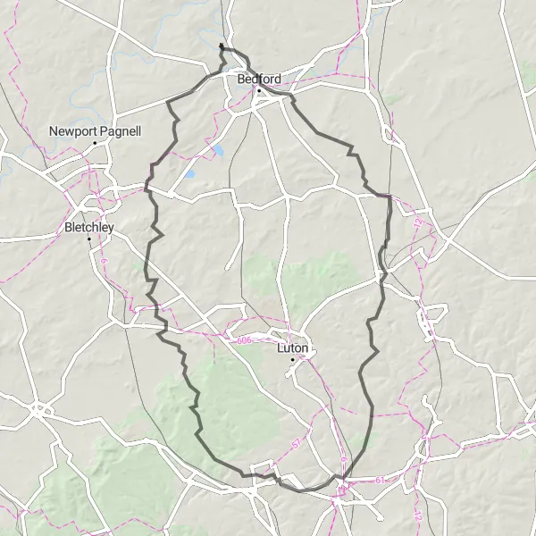 Map miniature of "Challenging road cycling route with stunning scenery" cycling inspiration in Bedfordshire and Hertfordshire, United Kingdom. Generated by Tarmacs.app cycling route planner