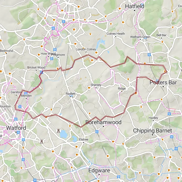 Map miniature of "Explore Hertfordshire's Country Paths" cycling inspiration in Bedfordshire and Hertfordshire, United Kingdom. Generated by Tarmacs.app cycling route planner