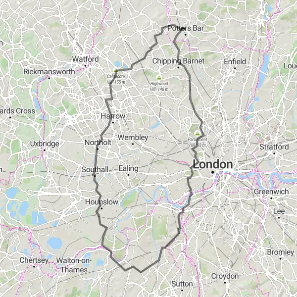 Map miniature of "Northern Escape" cycling inspiration in Bedfordshire and Hertfordshire, United Kingdom. Generated by Tarmacs.app cycling route planner