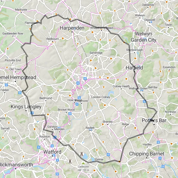 Map miniature of "Hertfordshire Loop" cycling inspiration in Bedfordshire and Hertfordshire, United Kingdom. Generated by Tarmacs.app cycling route planner
