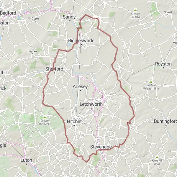 Map miniature of "Sutton and Shefford Gravel Adventure" cycling inspiration in Bedfordshire and Hertfordshire, United Kingdom. Generated by Tarmacs.app cycling route planner