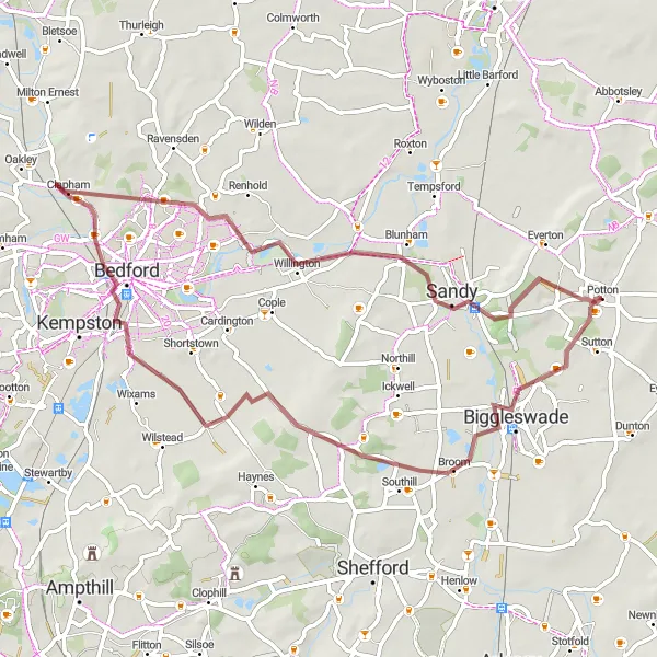 Map miniature of "Willington and Old Warden Gravel Loop" cycling inspiration in Bedfordshire and Hertfordshire, United Kingdom. Generated by Tarmacs.app cycling route planner