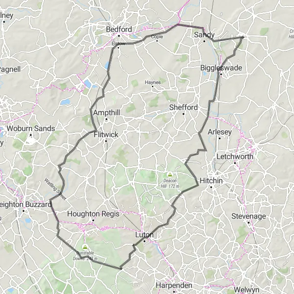 Map miniature of "Luton and Cardington Loop" cycling inspiration in Bedfordshire and Hertfordshire, United Kingdom. Generated by Tarmacs.app cycling route planner