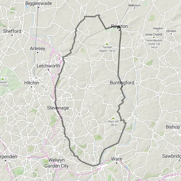 Map miniature of "Royston to Knebworth Circuit" cycling inspiration in Bedfordshire and Hertfordshire, United Kingdom. Generated by Tarmacs.app cycling route planner