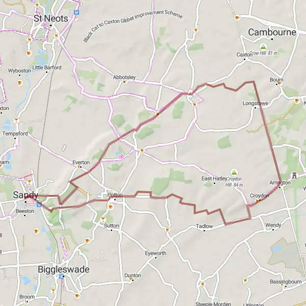Map miniature of "Bedfordshire Gravel Loop" cycling inspiration in Bedfordshire and Hertfordshire, United Kingdom. Generated by Tarmacs.app cycling route planner