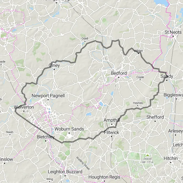 Map miniature of "Hertfordshire Road Challenge" cycling inspiration in Bedfordshire and Hertfordshire, United Kingdom. Generated by Tarmacs.app cycling route planner