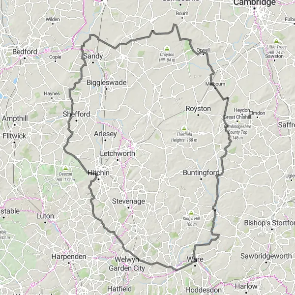 Map miniature of "The Sandy Circuit" cycling inspiration in Bedfordshire and Hertfordshire, United Kingdom. Generated by Tarmacs.app cycling route planner