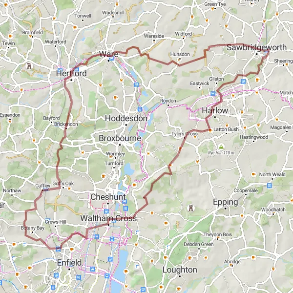 Map miniature of "Rural Adventure in Bedfordshire" cycling inspiration in Bedfordshire and Hertfordshire, United Kingdom. Generated by Tarmacs.app cycling route planner