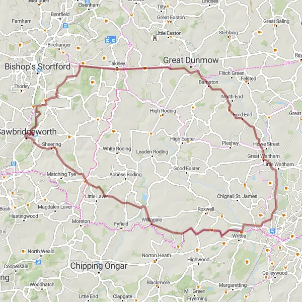 Map miniature of "Bedfordshire Countryside Loop" cycling inspiration in Bedfordshire and Hertfordshire, United Kingdom. Generated by Tarmacs.app cycling route planner