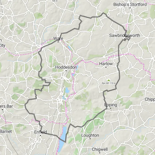 Map miniature of "The Hills of Hertfordshire" cycling inspiration in Bedfordshire and Hertfordshire, United Kingdom. Generated by Tarmacs.app cycling route planner