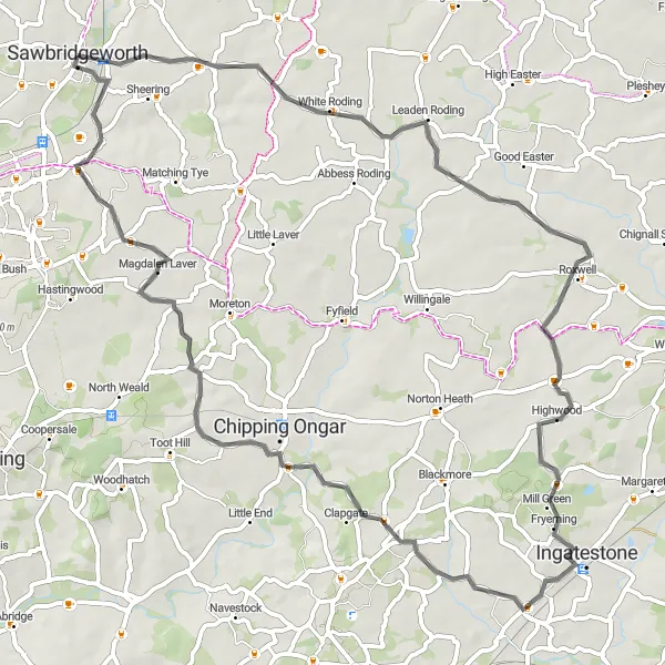 Map miniature of "Sawbridgeworth and beyond" cycling inspiration in Bedfordshire and Hertfordshire, United Kingdom. Generated by Tarmacs.app cycling route planner