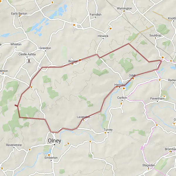 Map miniature of "Gravel Adventure" cycling inspiration in Bedfordshire and Hertfordshire, United Kingdom. Generated by Tarmacs.app cycling route planner